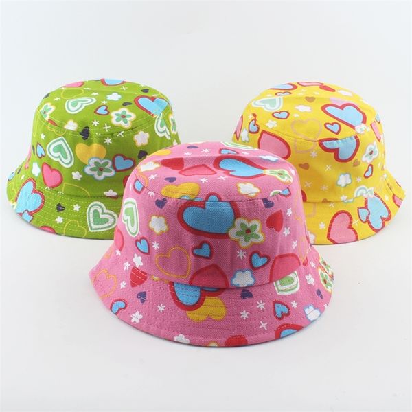 

summer baby sun hats flower heart print bucket hat for girls outdoor anti uv kids panama beach caps 3-6 years 220511, Yellow