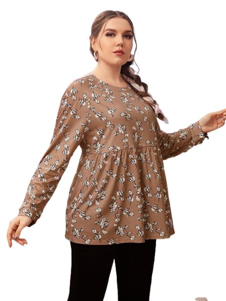 

plus allover floral print peplum tee e54o#, Black