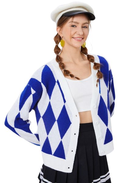 

v-neck argyle pattern cardigan d6ac#, White;black