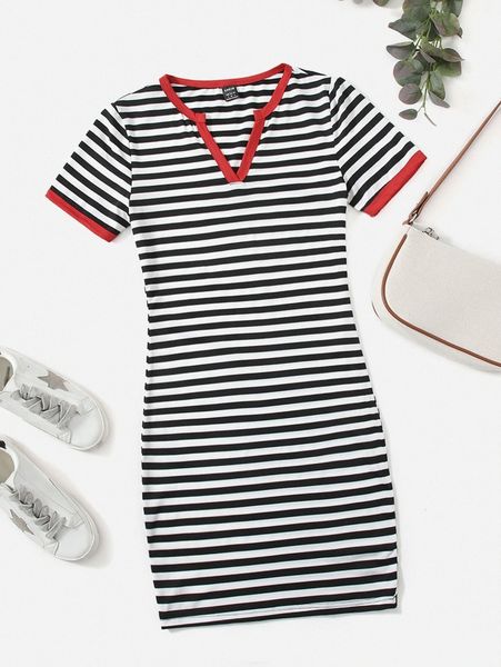 

notch neck striped dress l8he#, Black;gray