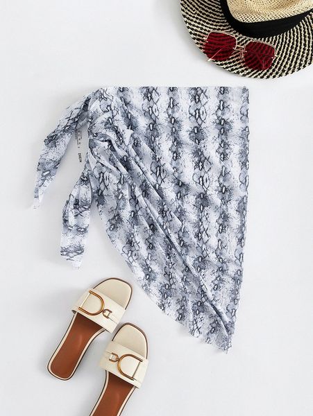 

snakeskin print knot waist cover up skirt h90y#, White;black