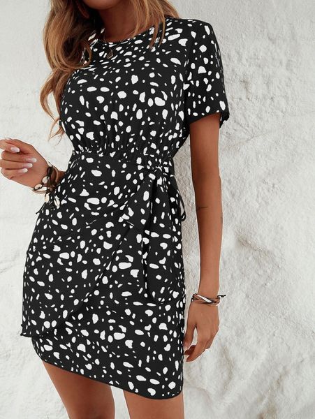 

allover print tie front keyhole back dress k2uc#, Black;gray