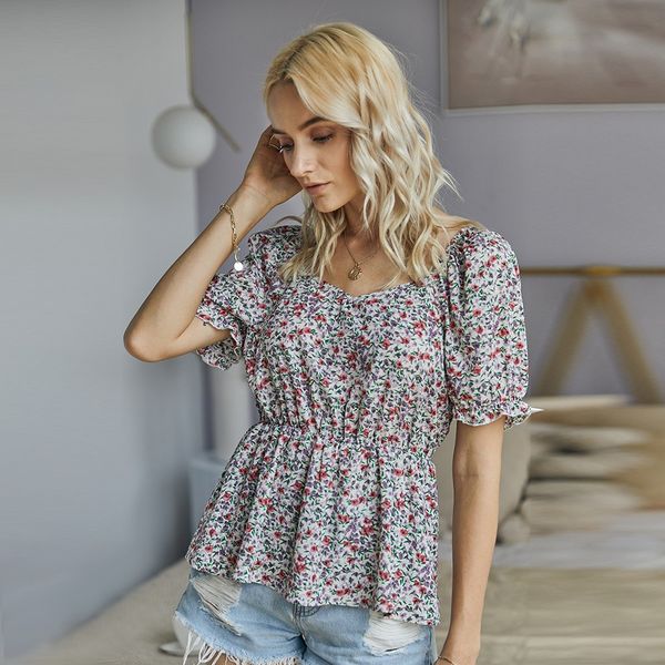 

summer women's t-shirt new net red real sfloral short-sleeved v-neck shirt, White