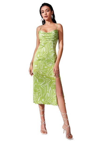 

graphic print split thigh cami dress 81db#, Black;gray