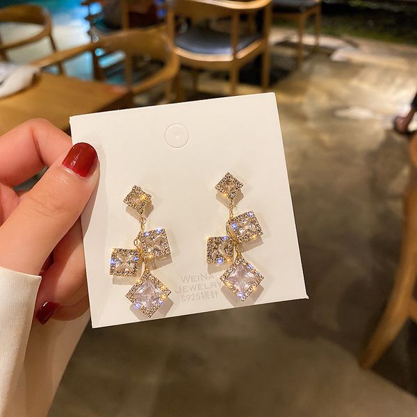 

925 silver needle european and american simple geometric square rhinestone earrings fashion earrings cold style elegant internet popular ear, Golden