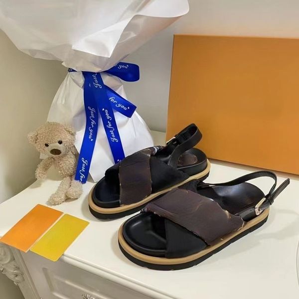 

match color sandals op20 spring and summer 2022 new cross-buckle leather printing light luxury wear fashion versatile flat heel sandals, Black