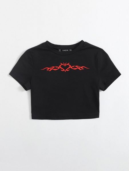

plus graphic print crop t-shirt r2r1#, Black