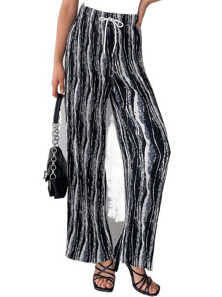 

dazy allover print drawstring waist plisse wide leg pants y8zq#, Black;white
