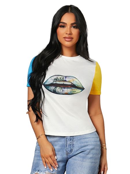 

sxy lip print color block tee l7x4#, White