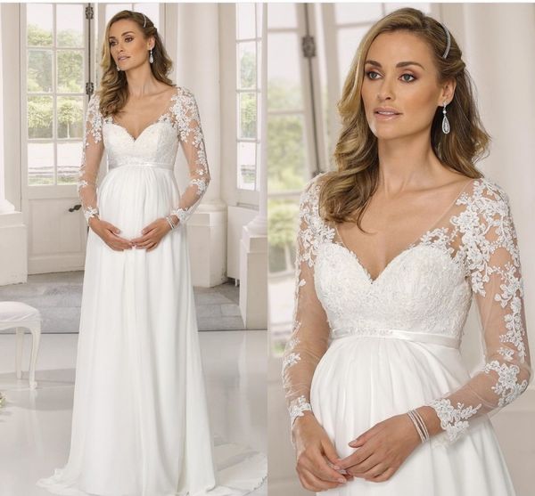

beach pregnant wedding dress chiffon v-neck bridal gowns empire long sleeve floor length lace appliques vestidos robe de mairee, White