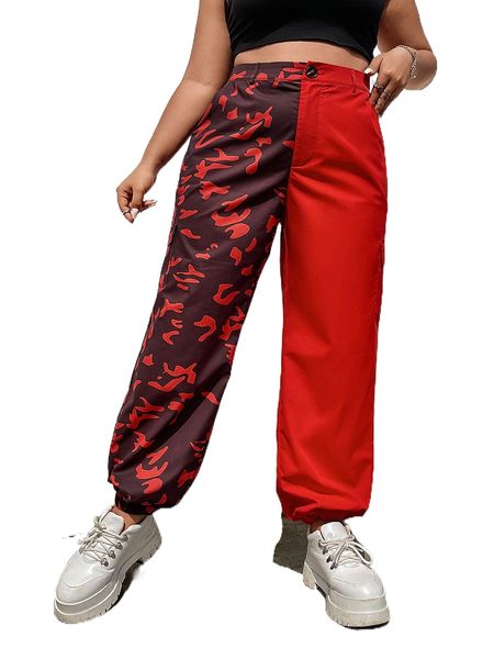 

plus graphic print flap pocket side cargo pants p408#, Black