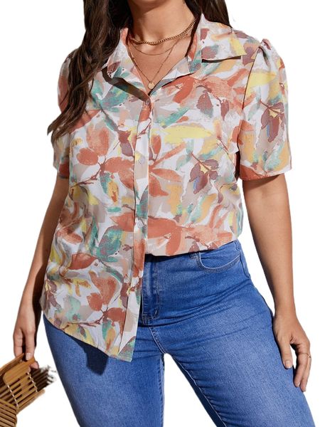 

plus leaf print puff sleeve shirt e9k2#, Black