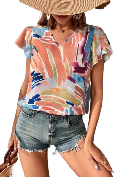 

allover print v neck blouse 67bs#, White