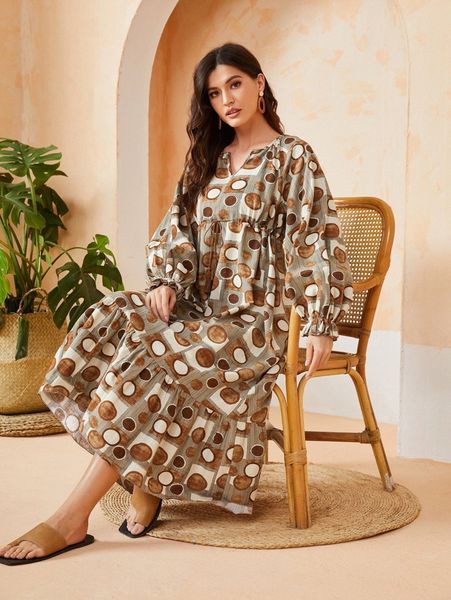 

geo print notched flounce sleeve tassel tie dress l11o#, Black;gray