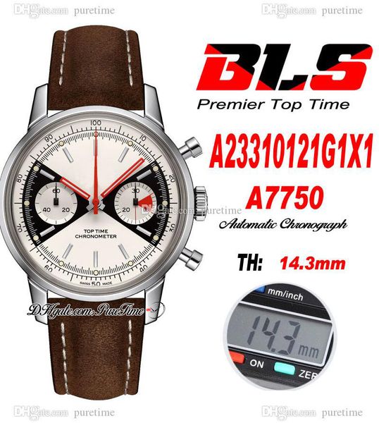 BLS Top Time Limited Edition A7750 Automatik-Chronograph Herrenuhr, Stahlgehäuse, weißes schwarzes Zifferblatt, braunes Lederarmband A23310121G1X1, Super Edition Puretime 06b2