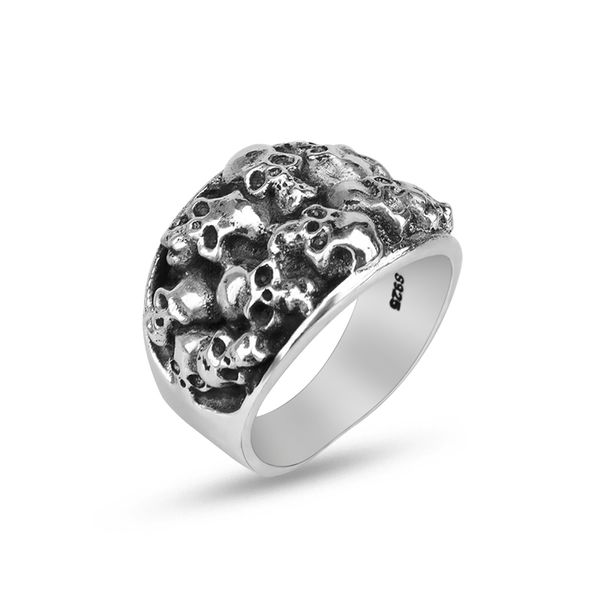 925 anel de prata esterlina para homens de 14 mm de largura com m￺ltiplas j￳ias de moda de cr￢nio