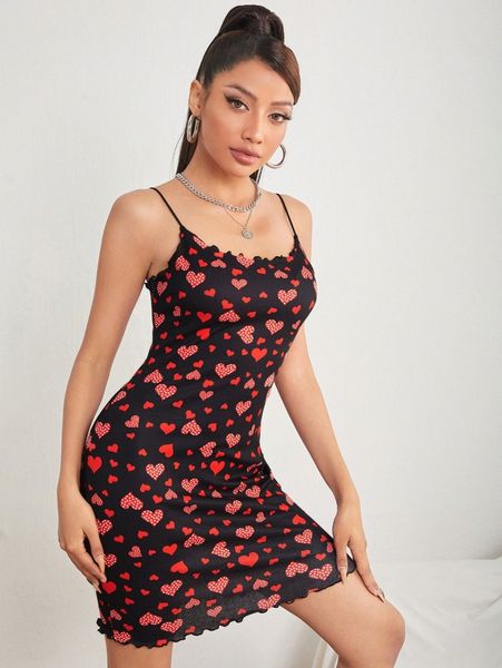 

allover heart print lettuce trim bodycon dress t4a1#, Black;gray