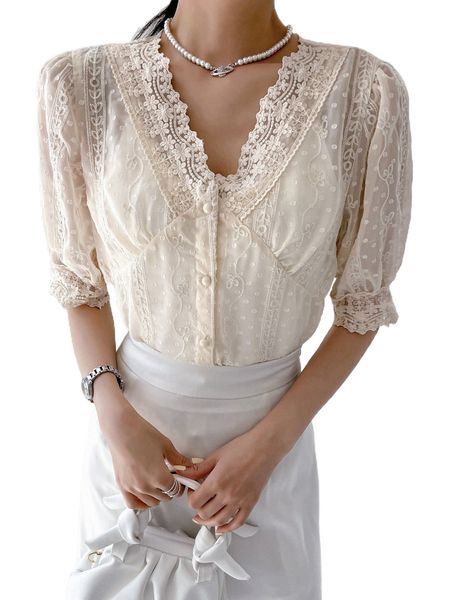 

dazy floral embroidery puff sleeve blouse i4rq#, White