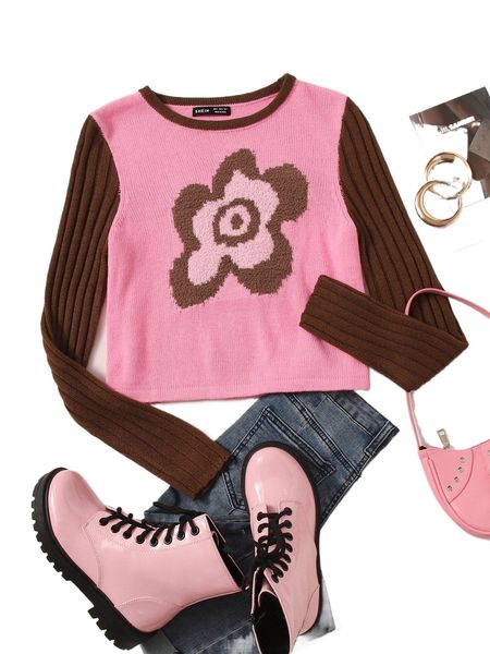 

floral pattern ribbed knit crop sweater u8bs#, White;black