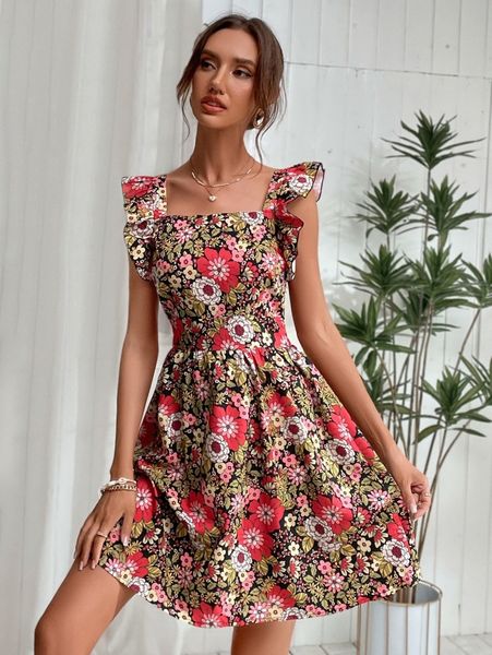 

square neck floral allover print butterfly sleeve dress b0jy#, Black;gray