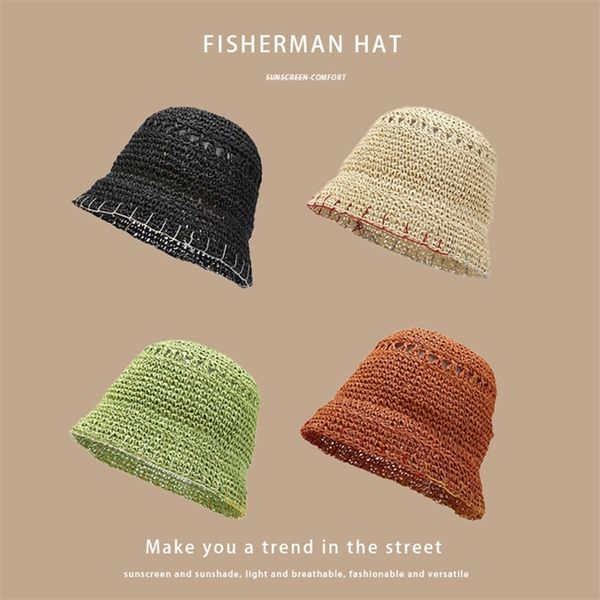 Kağıt Hasır Kova Şapka Bayanlar het Nefes Panama Kenar Dikiş Tasarım Bob Balıkçılık Kapaklar Kızlar Yaz UV Plaj Şapka 220607