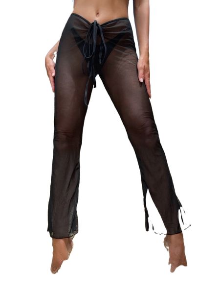 

tie front mesh flare leg cover up pants t6nf#, White;black