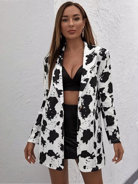 

cow print notch collar single button up blazer o8bd#, White