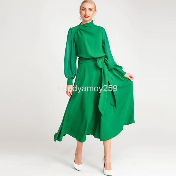 

casual dresses spring and summer women's irregular collar long sleeve medium fluffy green dress, Black;gray