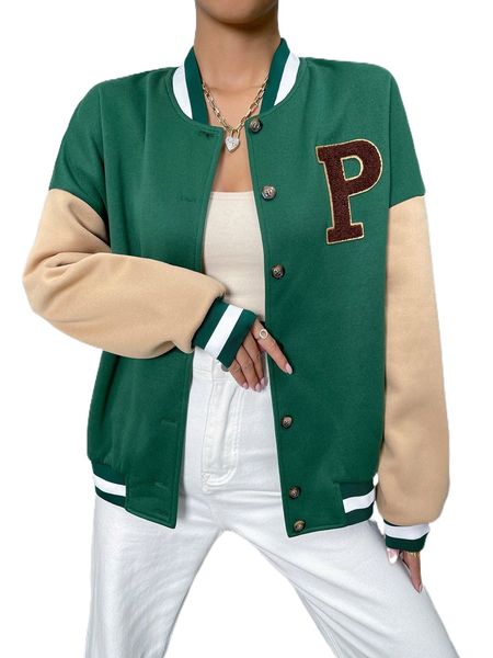 

letter patched striped trim drop shoulder bomber jacket a9qk#, Black;brown