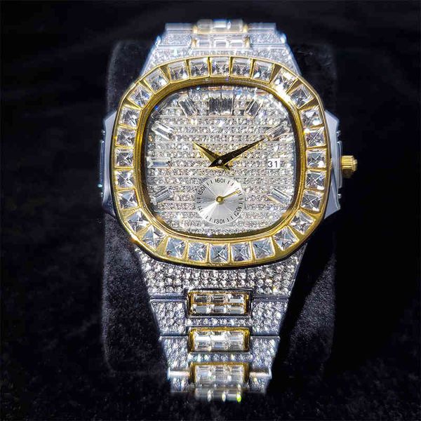 Missfox Gold und Sier Männer beobachten Kalender Big Square Diamond Lünette für Männer Quarz Mode HipHop Geschenk Armbanduhr Mann