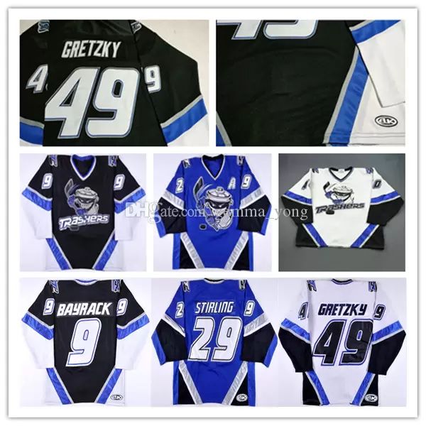 

danbury trashers uhl hockey jersey custom 49 brent gretzky 29 scott stirling 9 mike bayrack 42 brad wingfield 16 mike rupp 17 galante 28 jon, Black;red