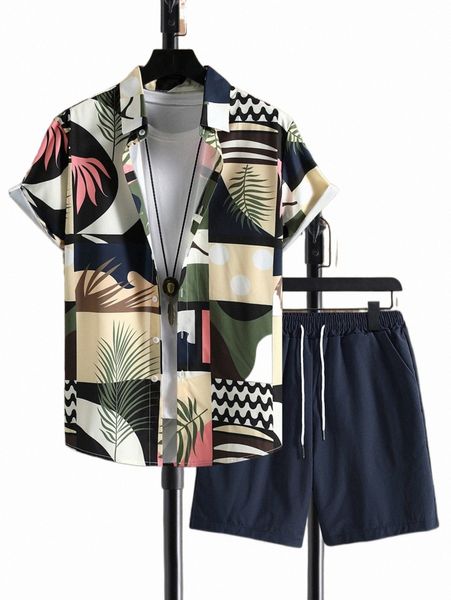 

men plants print shirt & drawstring waist shorts without tee h01i#, Gray