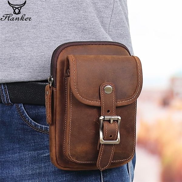 

flanker crazy horse leather men small waist bag casual design fanny pack hook bum hip belt bag cigarette case 65" phone pouch 201117