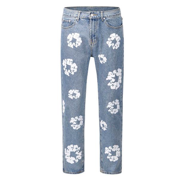 Мужские джинсы Цветок Хай -стрит Демин Куртка Стиль Капок вымыл прямую модную винтаж свободные брюки EssentialShoodie Готово сделайте слезой толстовку 613