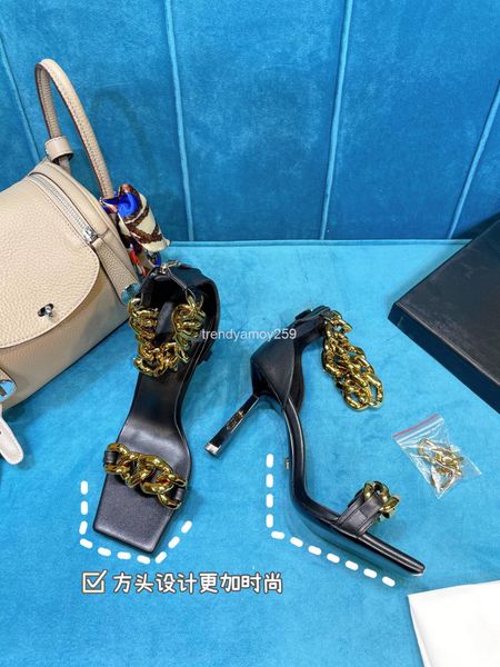 

slippers roman sandals high heels women's shoes thin heel square head with metal chain through 21 leather, Black