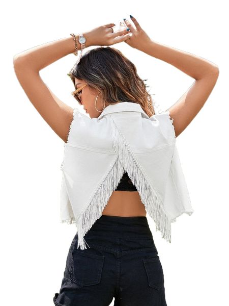 

raw cut fringe trim slit back vest denim jacket 56rd#, Black;brown