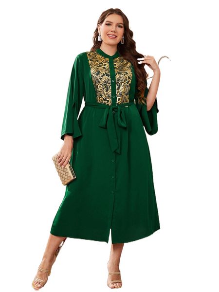 

plus floral print belted shirt dress 10y1#, Black