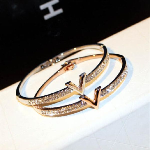 

super sparkling fashion luxury designer letter v diamond zirconia bangle bracelet for woman girls 18cm rose gold292r, Black