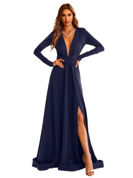 

missord plunging neck split thigh dress 68xb#, Black;gray