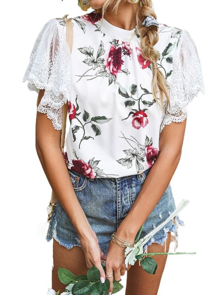 

f.loral print c.ontrast l.ace mock neck b.louse 17np#, White