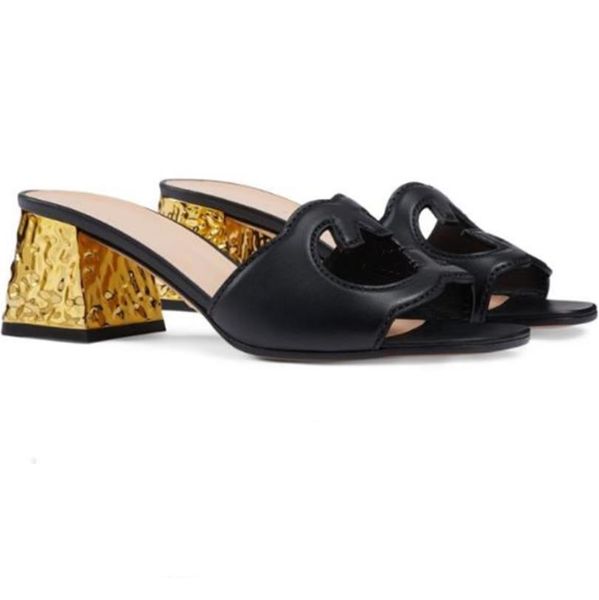 

women cut-out slide sandal designer leather slipper interlocking hammered effect mid-heel slippers rubber sole solid color slip-on, Black