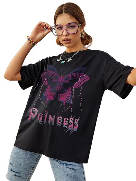 

butterfly and letter graphic drop shoulder tee w5fd#, White