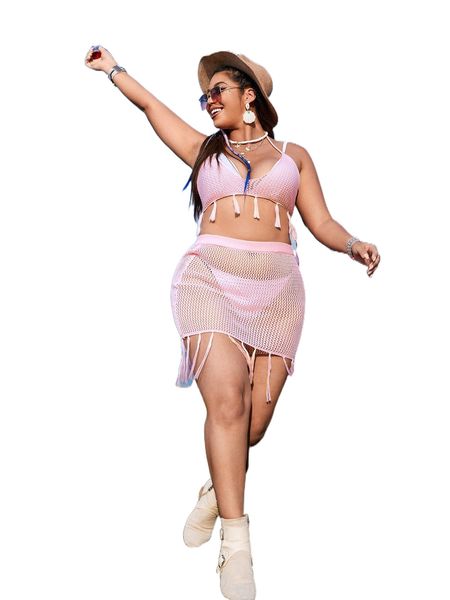 

plus 2pcs tie backless tassel trim cover up set without bikini p2cf#, Black