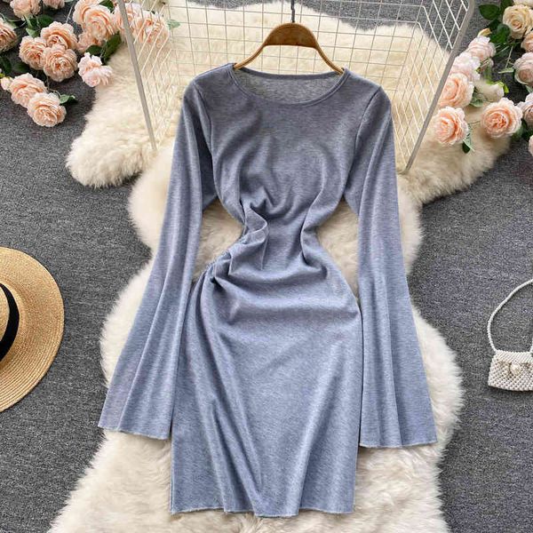 

casual dresses korean fashion round neck long sleeve slim dress female heart machine hollowed out temperament buttock backed a-line skirt 6v, Black;gray
