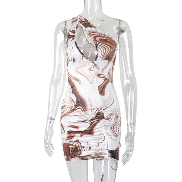 

casual dresses women fashion printed one shoulder sleeveless cut-out slim fit pleated hip wrap dress, Black;gray