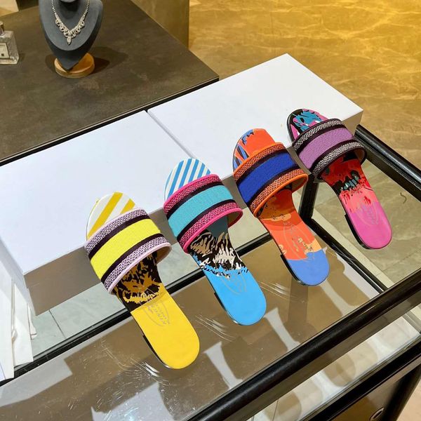 

designer slippers women flat sandals multicolor cotton embroidered slides slip-on lazy flip flops luxury women rainbow flower leather beach, Black