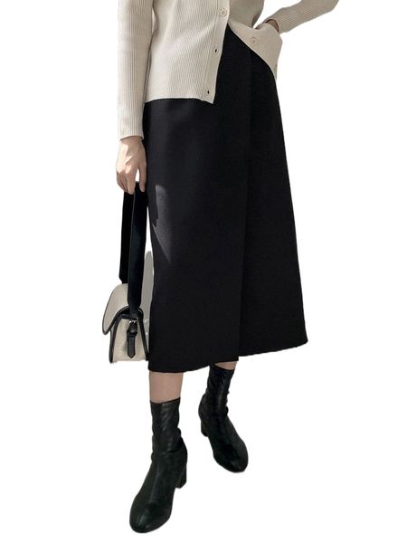 

dazy solid button detail longline skirt 94ww#, Black
