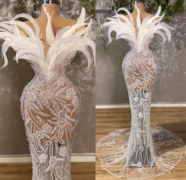 

2022 plus size arabic aso ebi mermaid luxurious sparkly wedding dress beaded crystals bridal gowns dresses zj606, White