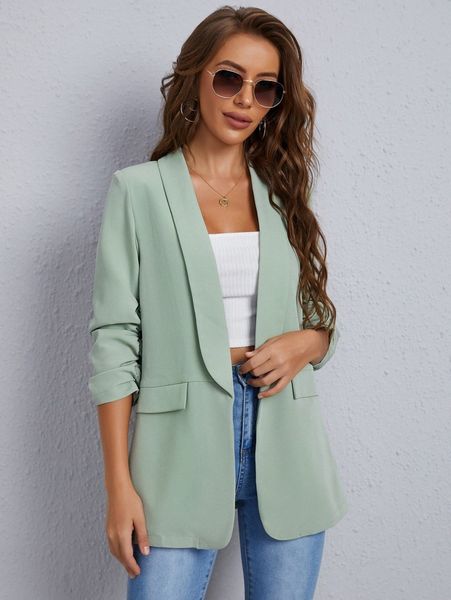 

shawl collar gathered sleeve flap detail blazer 18ab#, White