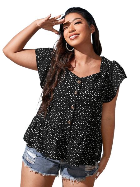 

plus confetti heart print ruffle sleeve peplum blouse f4t9#, Black